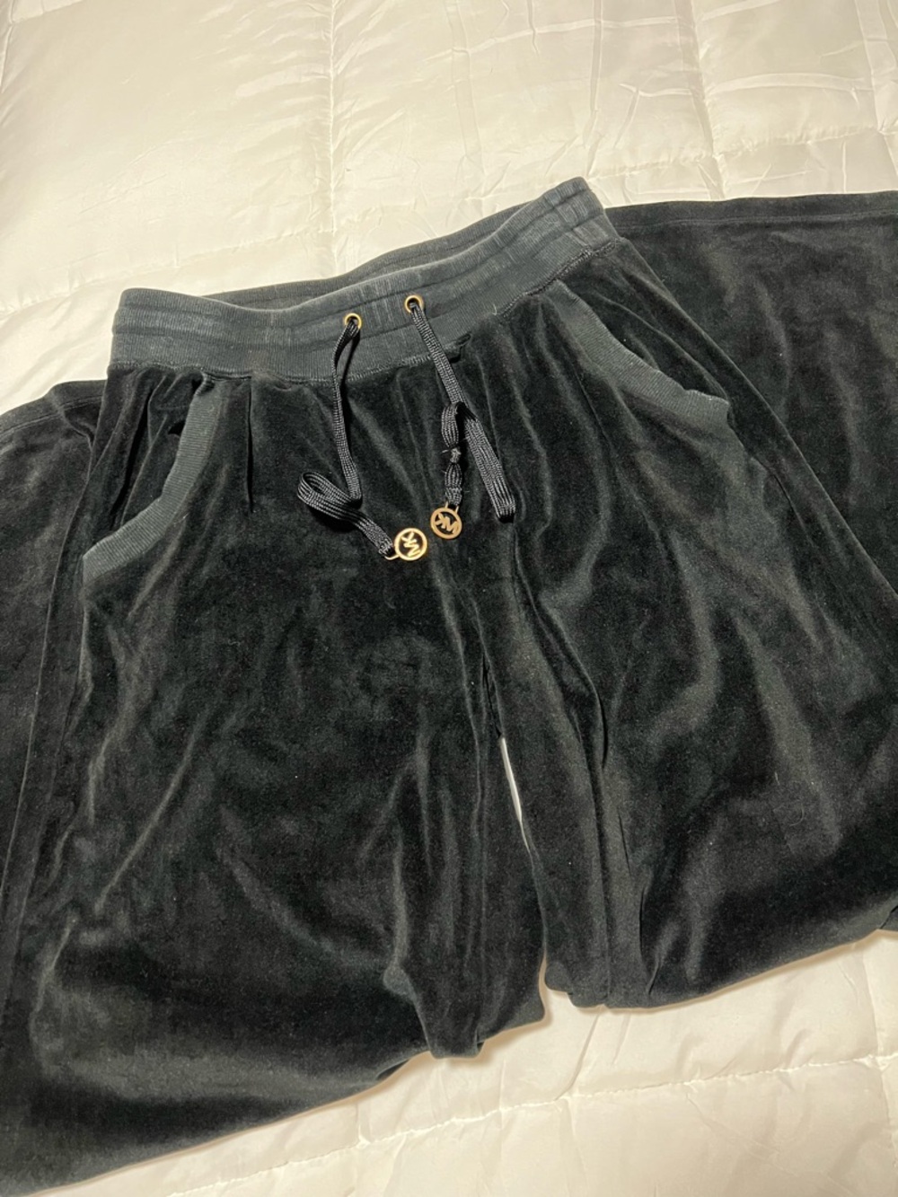 Michael Kors Black Velvet Jogger Pants with Gold Logo Accents